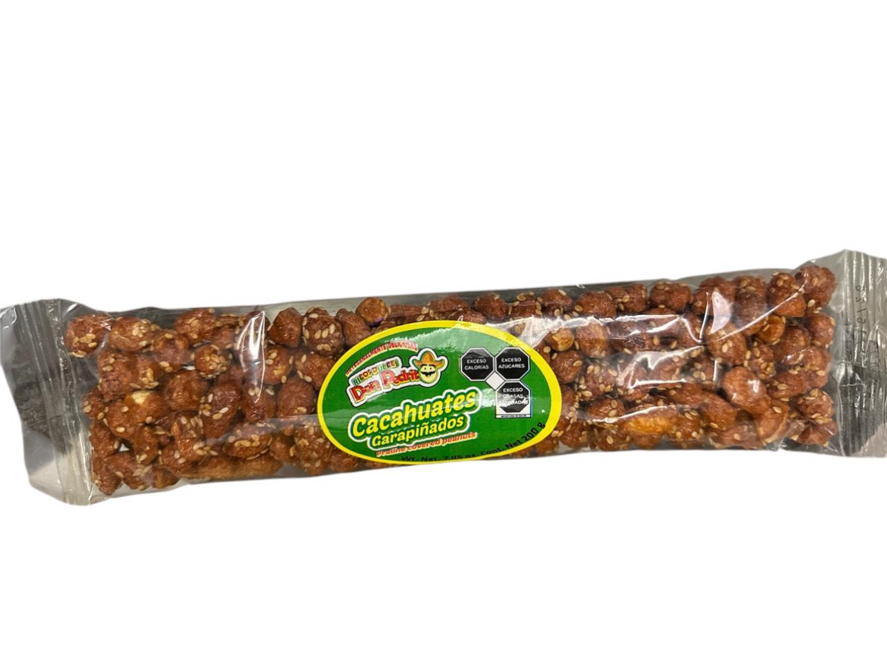 CACAHUATES	GARAPIÑADOS	con	AJONJOLÍ/	PRALINE	COVERED	PEANUTS	Bolsa con 5 tubos de 200gr cada uno
