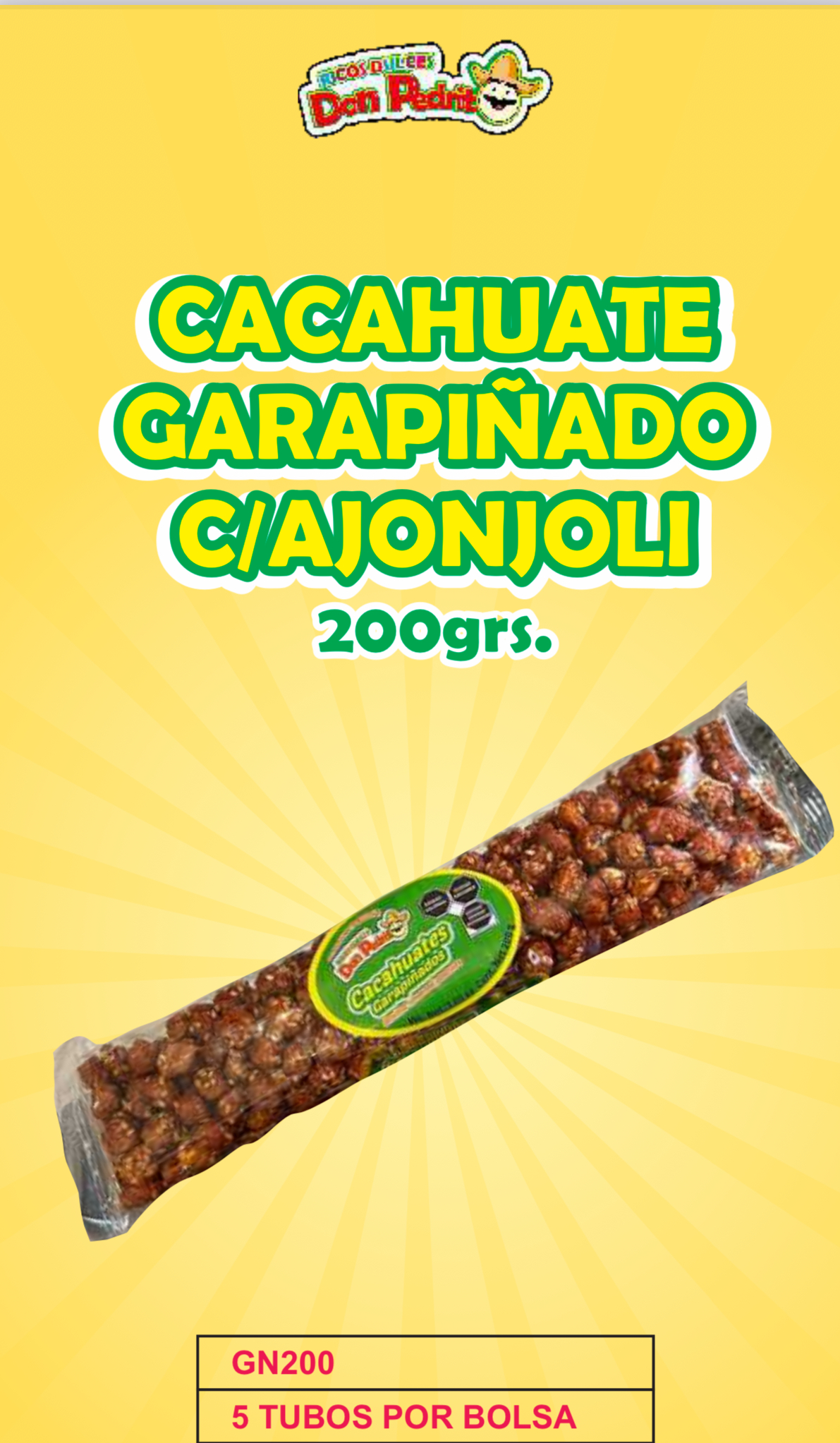 CACAHUATES	GARAPIÑADOS	con	AJONJOLÍ/	PRALINE	COVERED	PEANUTS	Bolsa con 5 tubos de 200gr cada uno